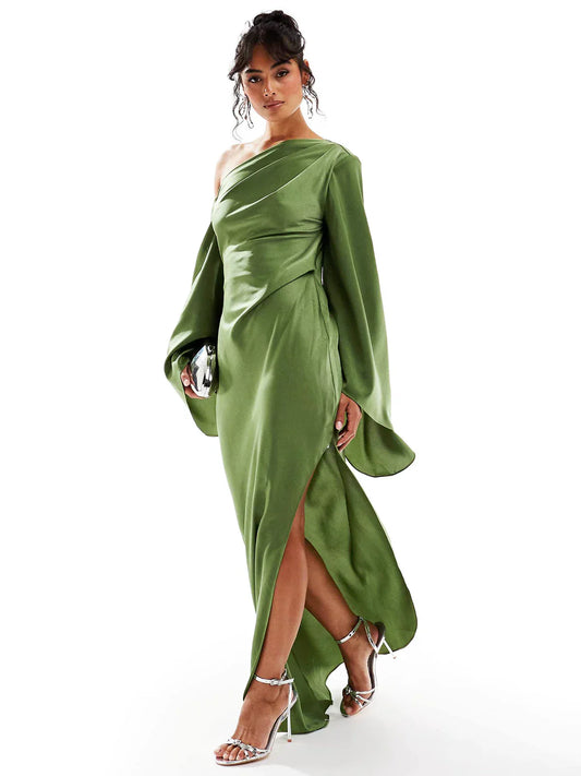 Green Asymmetrical Hem Satin Maxi Dress - Riviera London