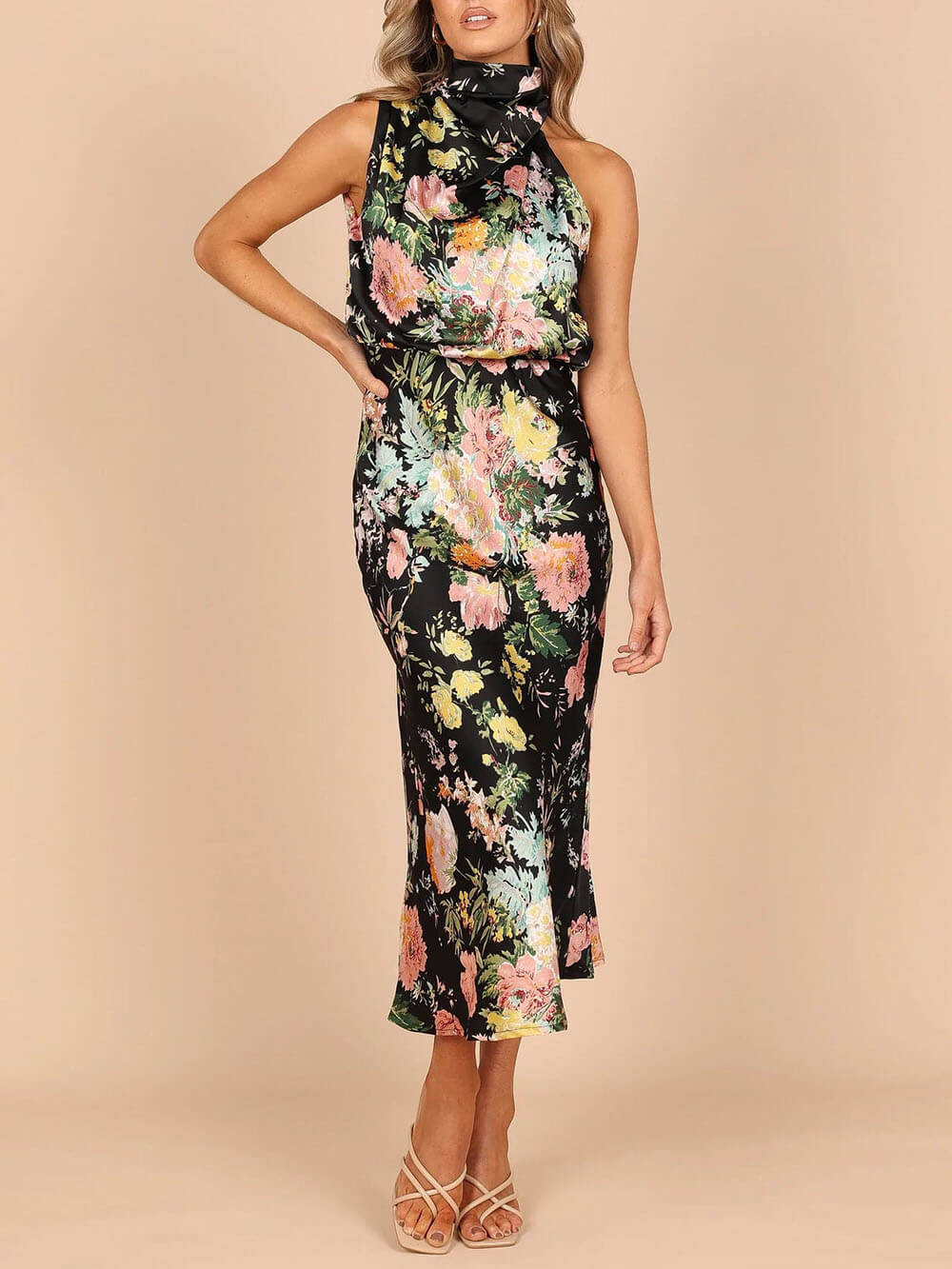Halter Neck Floral Elastic Waist Maxi Dress - Riviera London
