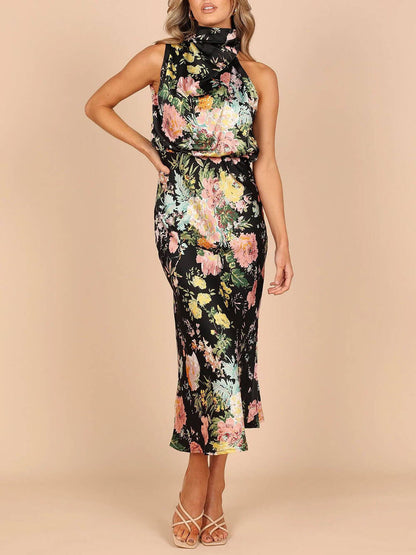Halter Neck Floral Elastic Waist Maxi Dress - Riviera London