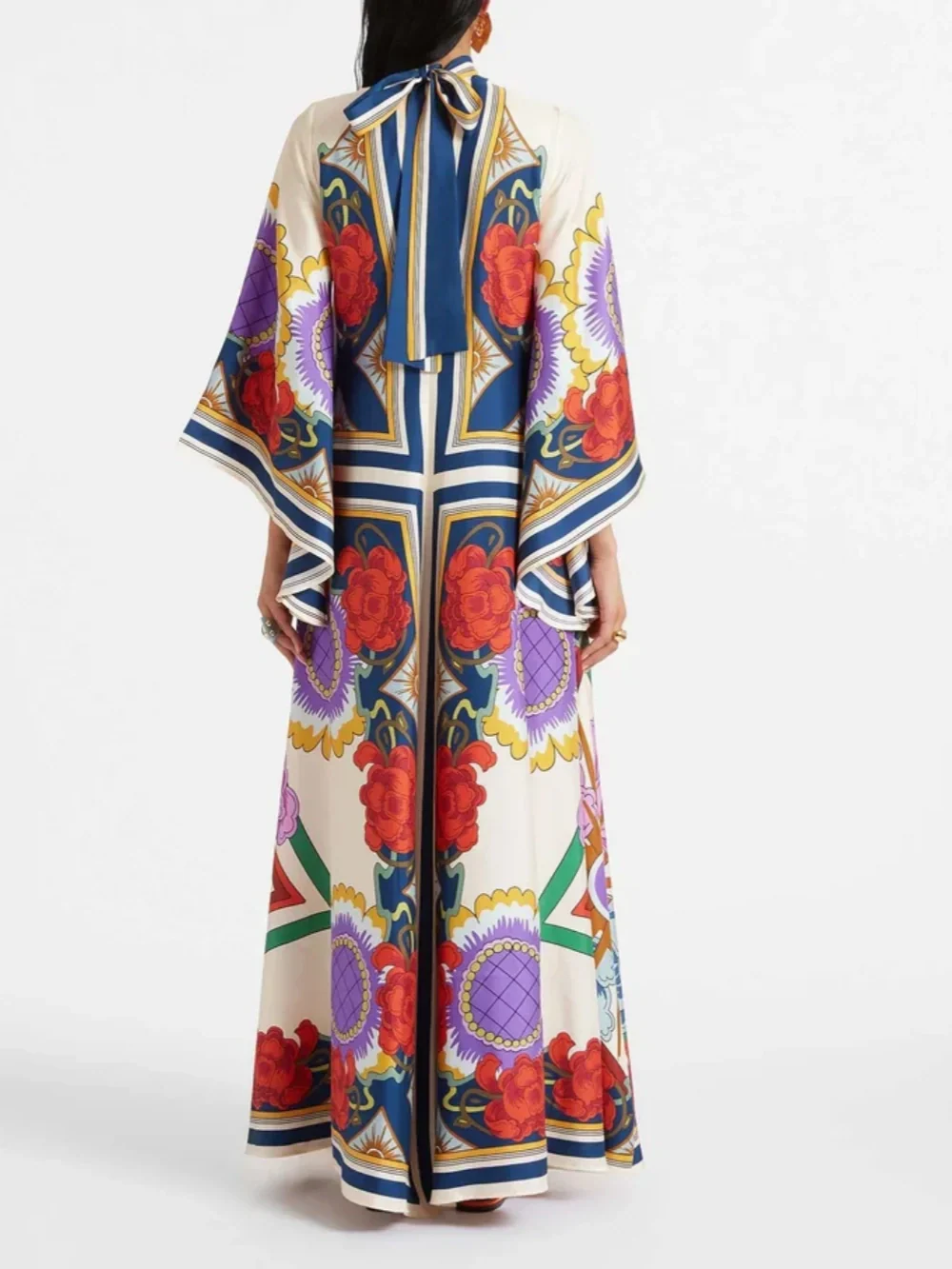 Exquisite Floral Print Draped Waterfall Sleeves Maxi Dress - Riviera London