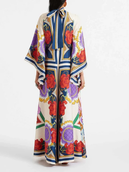 Exquisite Floral Print Draped Waterfall Sleeves Maxi Dress - Riviera London