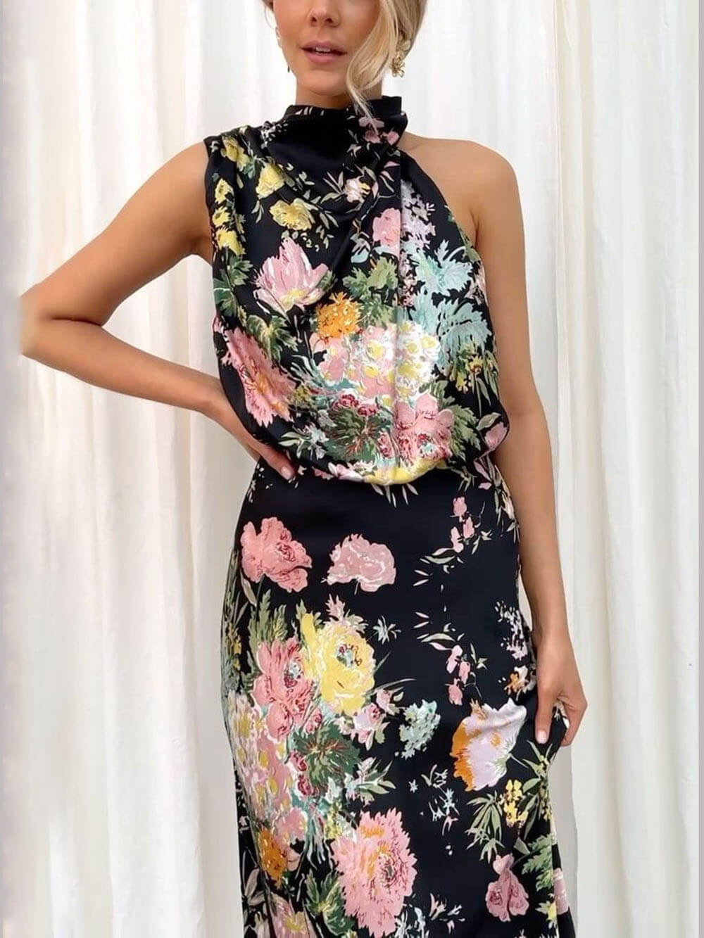 Halter Neck Floral Elastic Waist Maxi Dress - Riviera London
