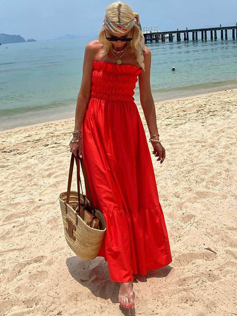Off Shoulder Smocked Bust Vacation Maxi Dress - Riviera London