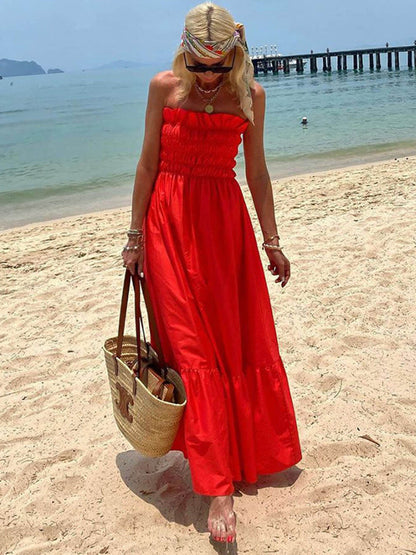 Off Shoulder Smocked Bust Vacation Maxi Dress - Riviera London