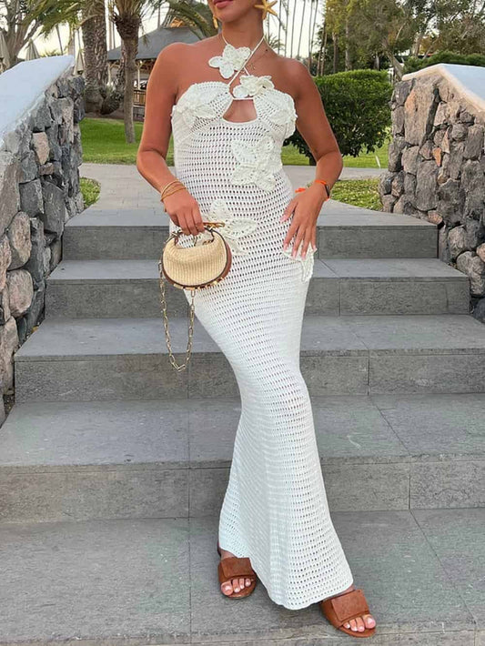 3D Flower Decor Halter Neck Bodycon Crochet Maxi Dresses - Riviera London