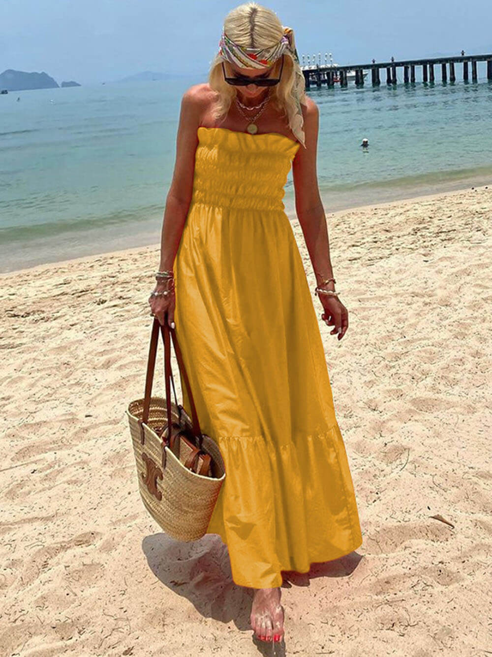 Off Shoulder Smocked Bust Vacation Maxi Dress - Riviera London