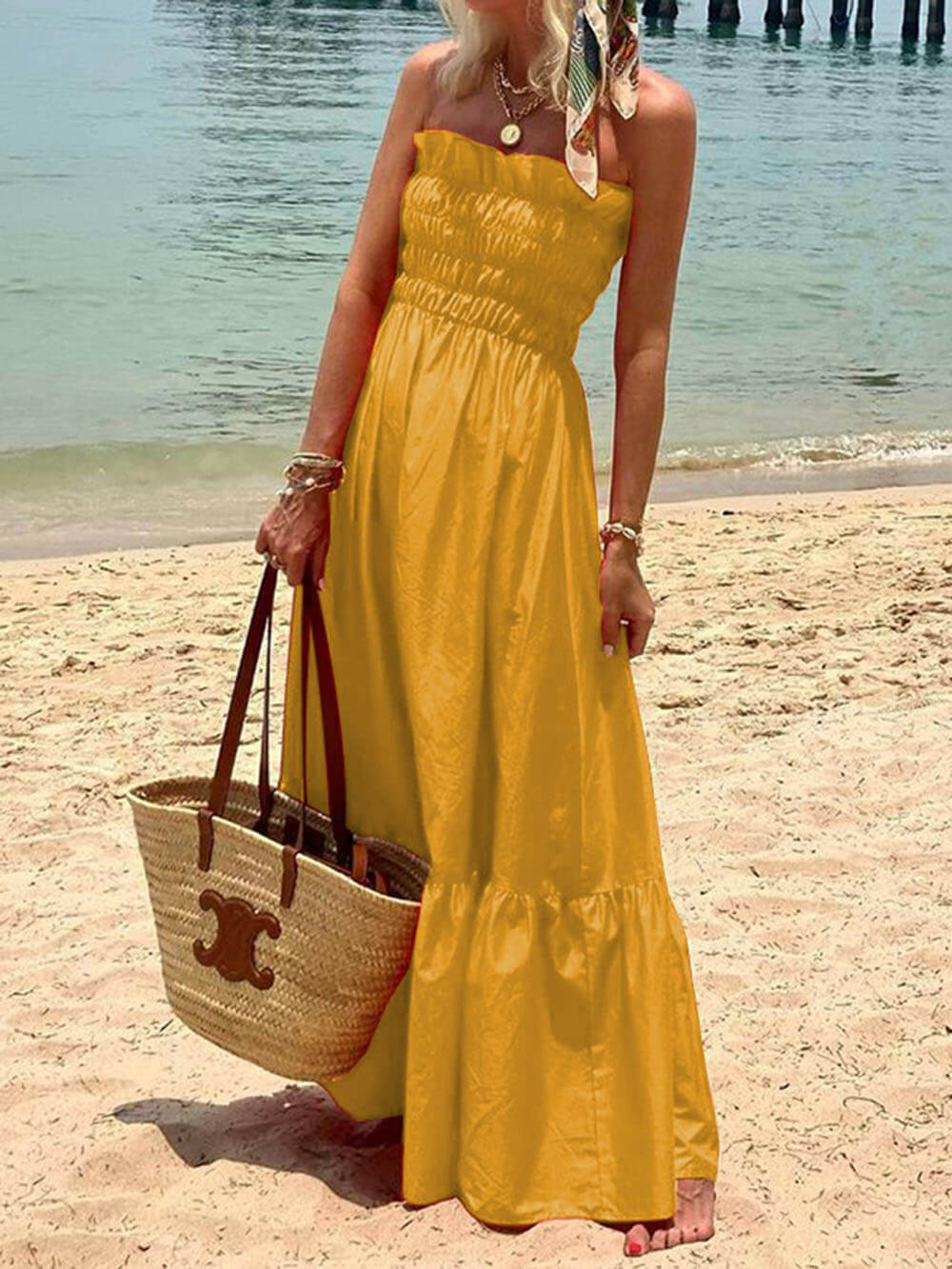 Off Shoulder Smocked Bust Vacation Maxi Dress - Riviera London