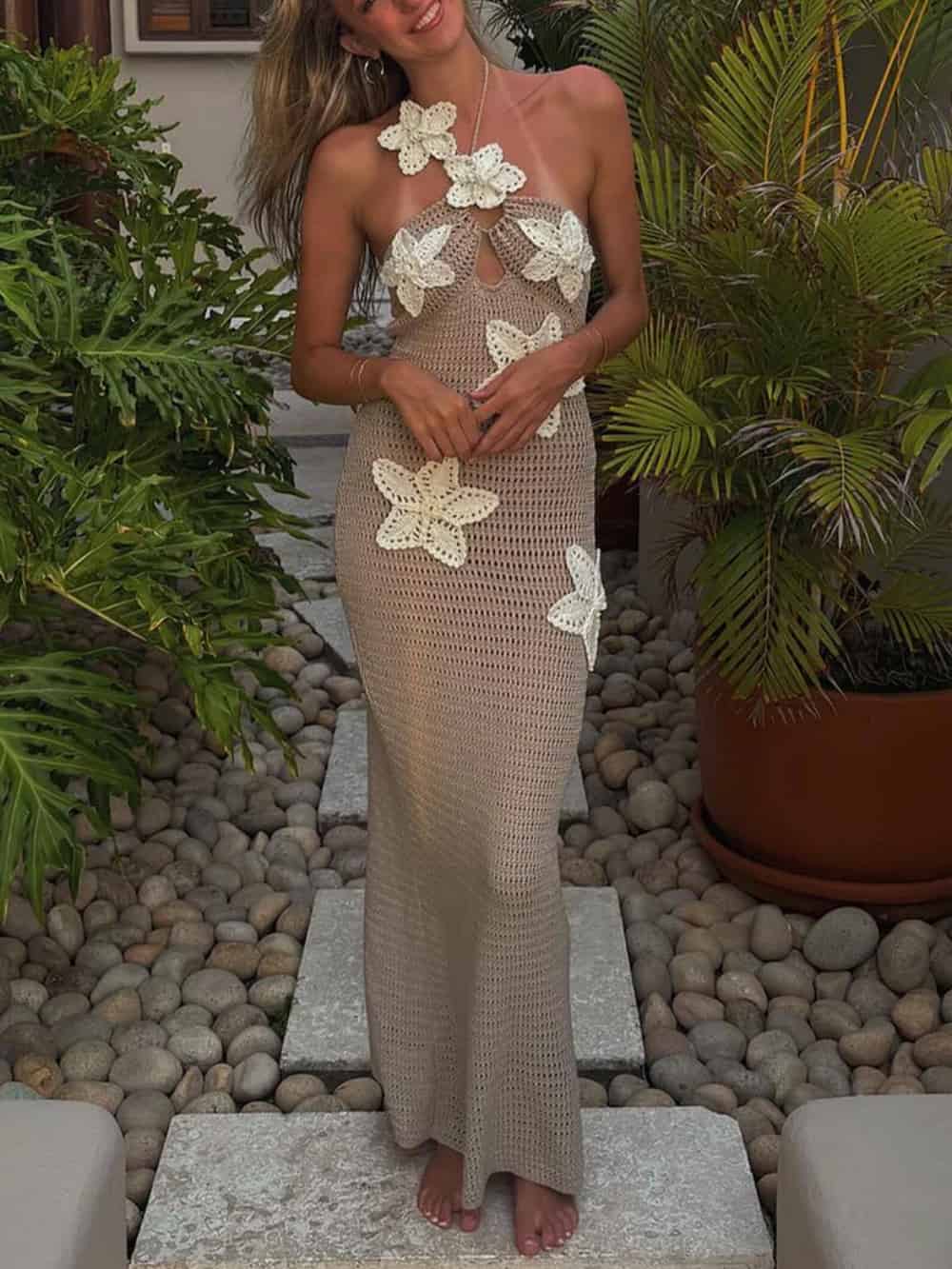 3D Flower Decor Halter Neck Bodycon Crochet Maxi Dresses - Riviera London