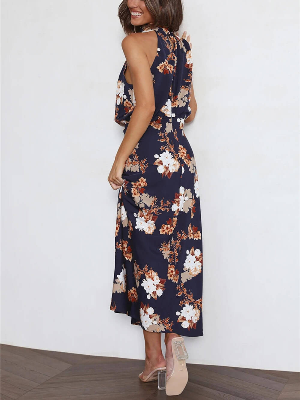 Halter Neck Floral Elastic Waist Maxi Dress - Riviera London