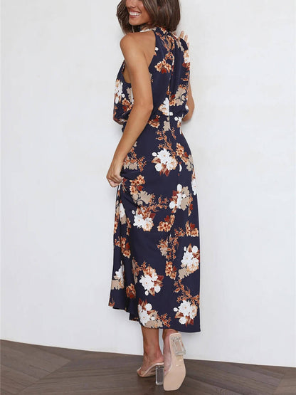 Halter Neck Floral Elastic Waist Maxi Dress - Riviera London