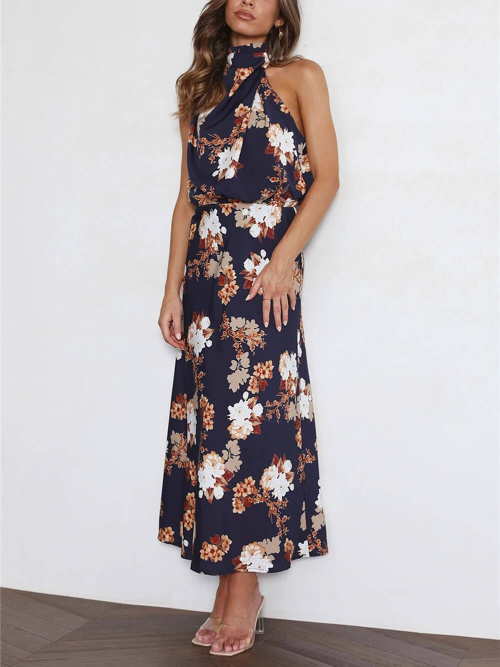 Halter Neck Floral Elastic Waist Maxi Dress - Riviera London