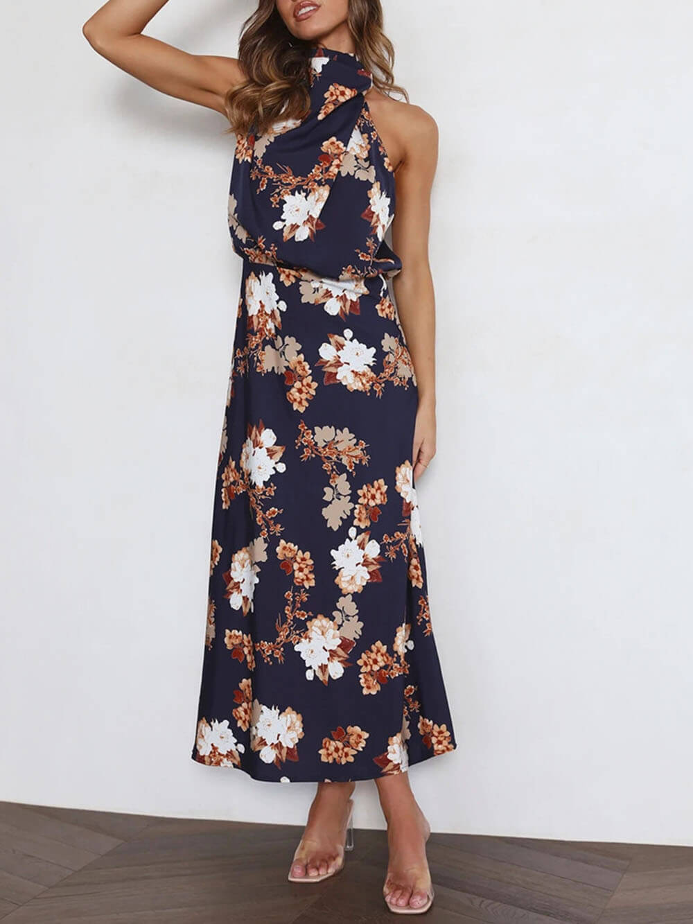 Halter Neck Floral Elastic Waist Maxi Dress - Riviera London
