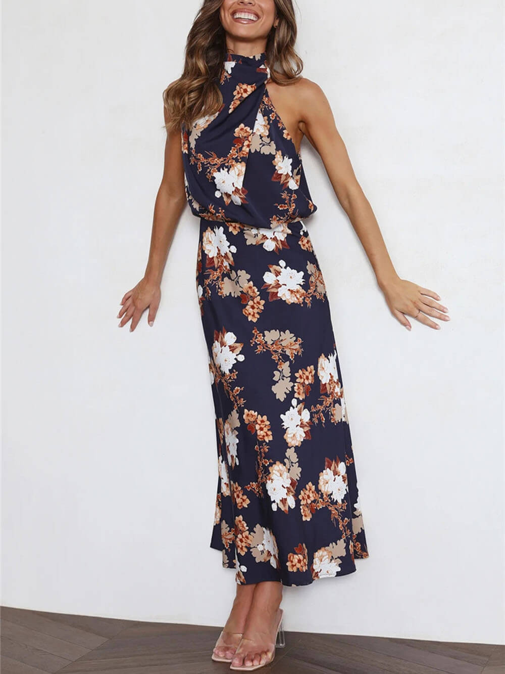 Halter Neck Floral Elastic Waist Maxi Dress - Riviera London