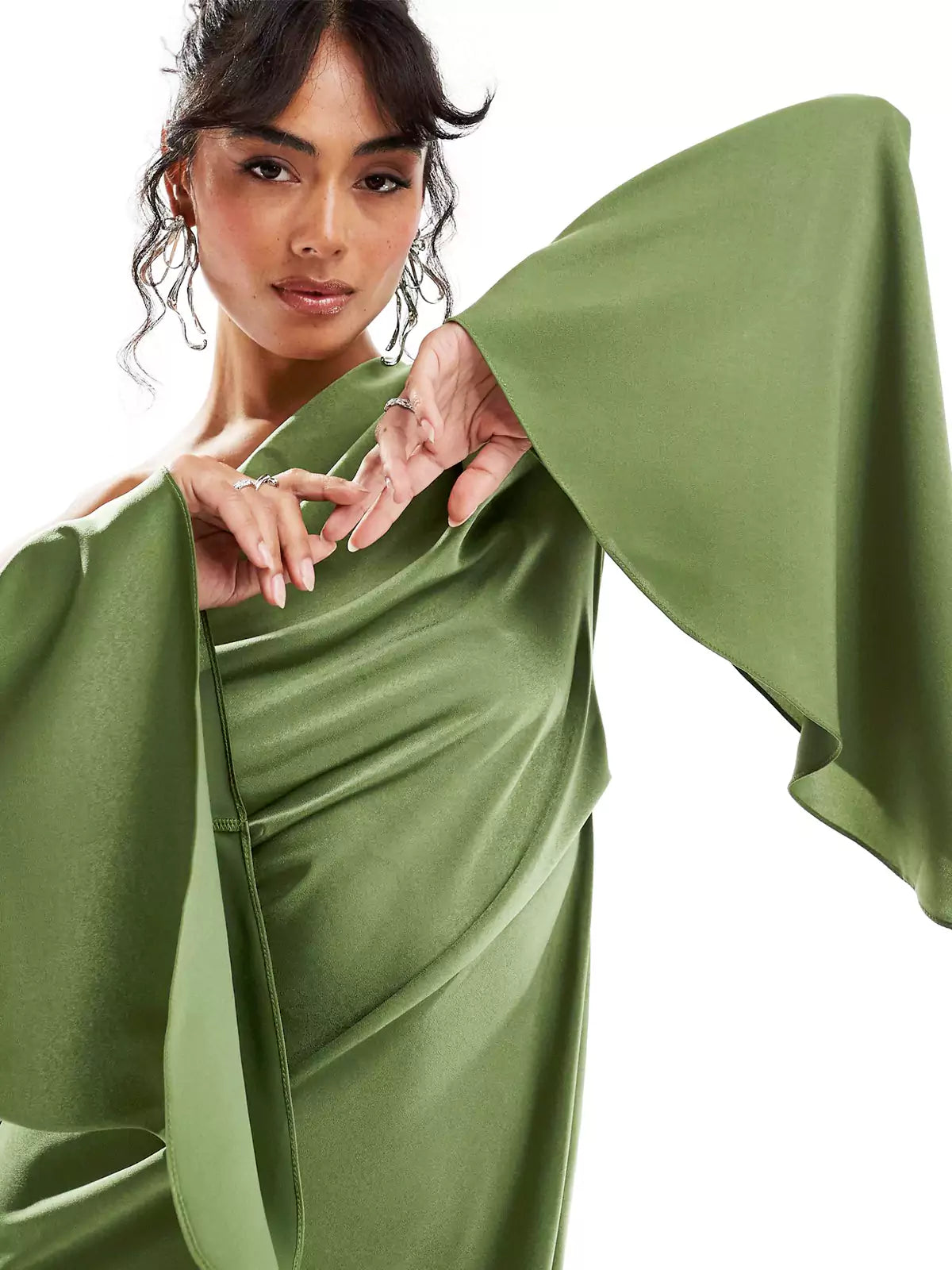 Green Asymmetrical Hem Satin Maxi Dress - Riviera London