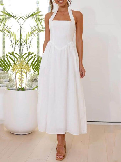 Waist Little Black Halter Neck Dress Mid Length Dress - Riviera London