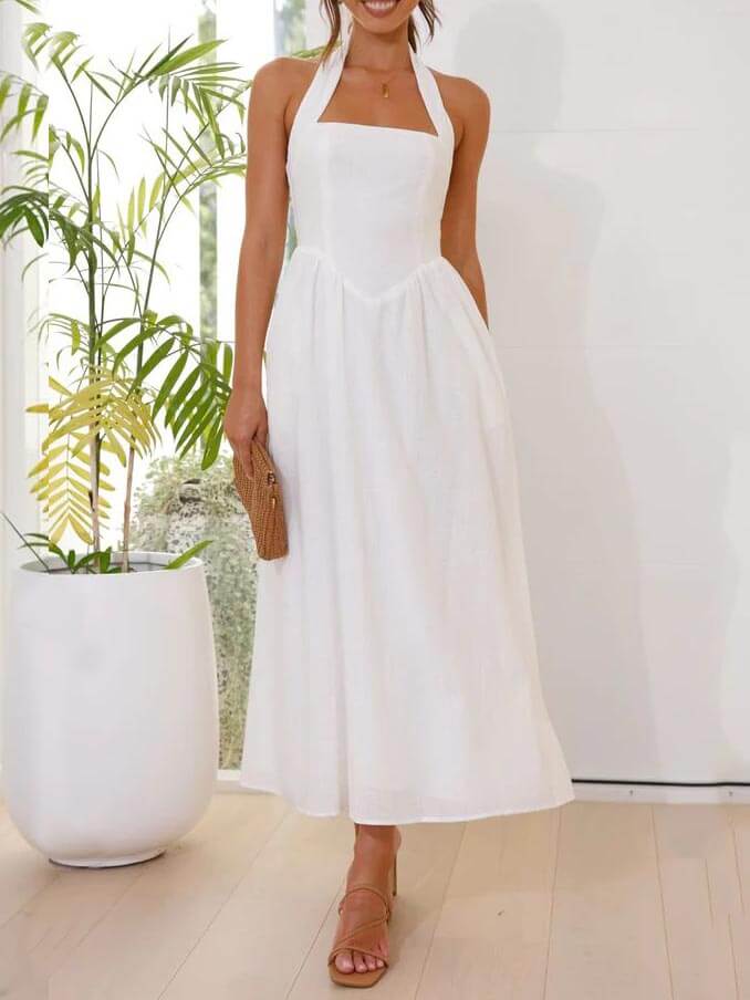Waist Little Black Halter Neck Dress Mid Length Dress - Riviera London