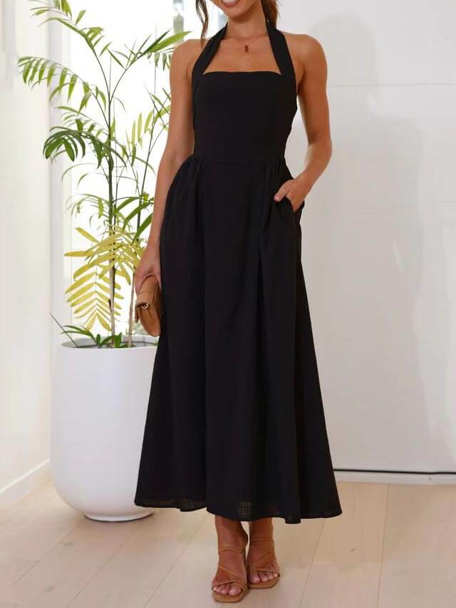Waist Little Black Halter Neck Dress Mid Length Dress - Riviera London