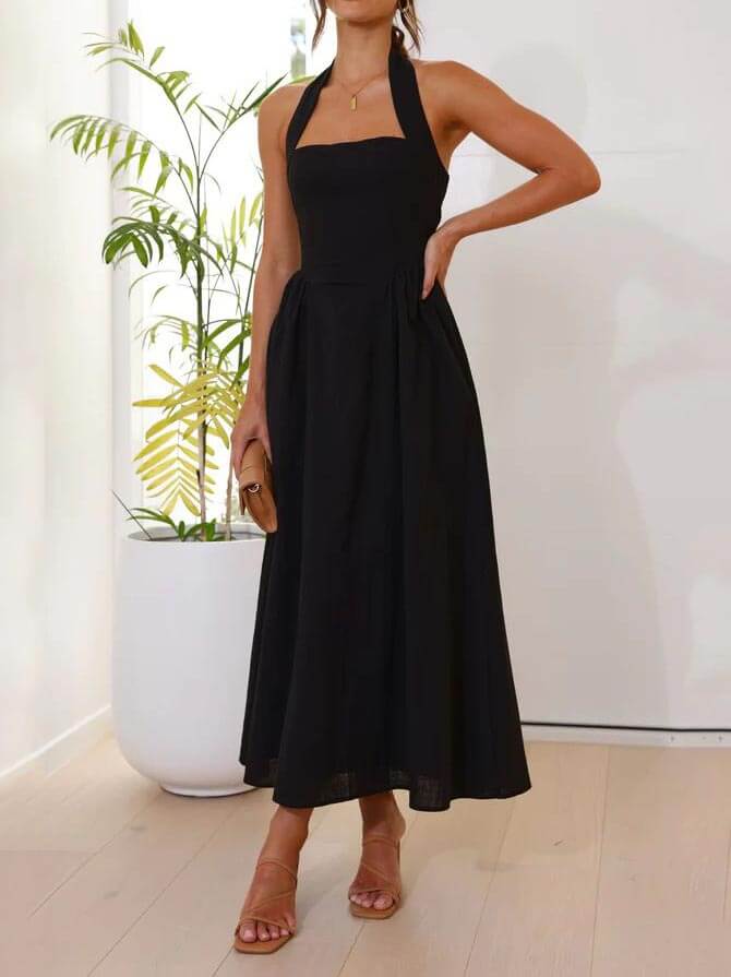 Waist Little Black Halter Neck Dress Mid Length Dress - Riviera London