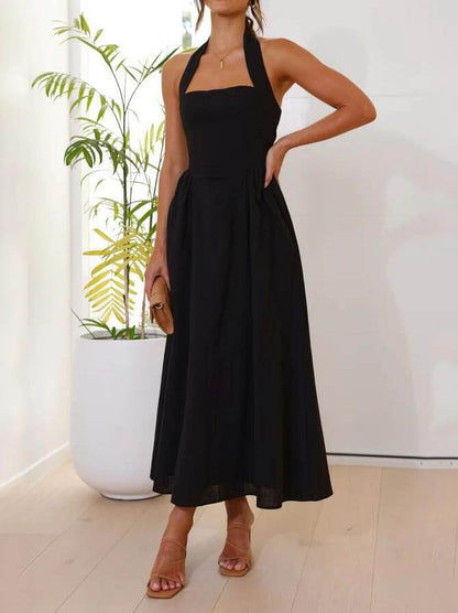 Waist Little Black Halter Neck Dress Mid Length Dress - Riviera London