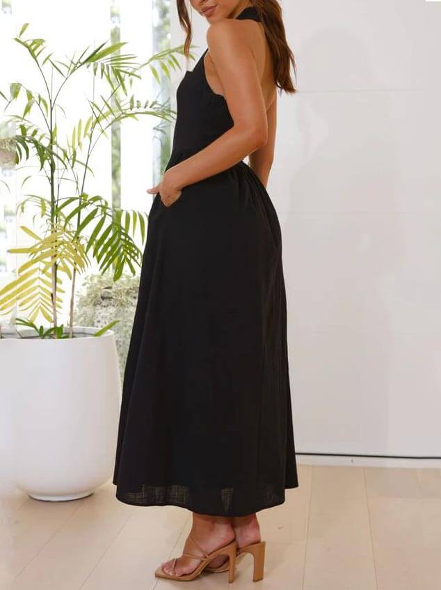Waist Little Black Halter Neck Dress Mid Length Dress - Riviera London