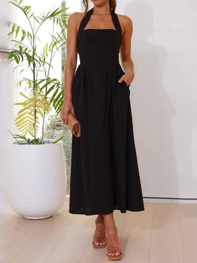 Waist Little Black Halter Neck Dress Mid Length Dress - Riviera London