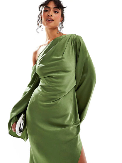 Green Asymmetrical Hem Satin Maxi Dress - Riviera London