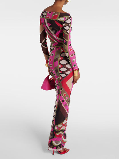 Retro Personality Abstract Print Hip-Wrapped Maxi Dress - Riviera London