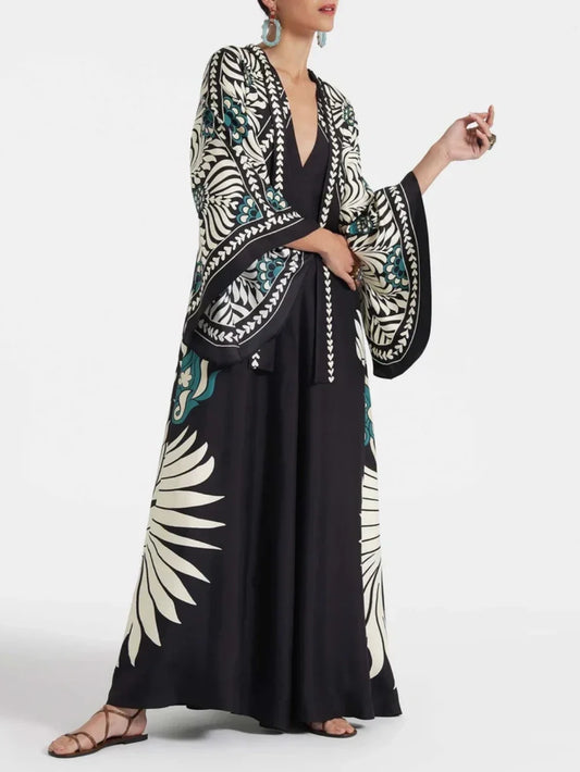 Elegance Floral Print Waterfall Sleeves Maxi Dress - Riviera London