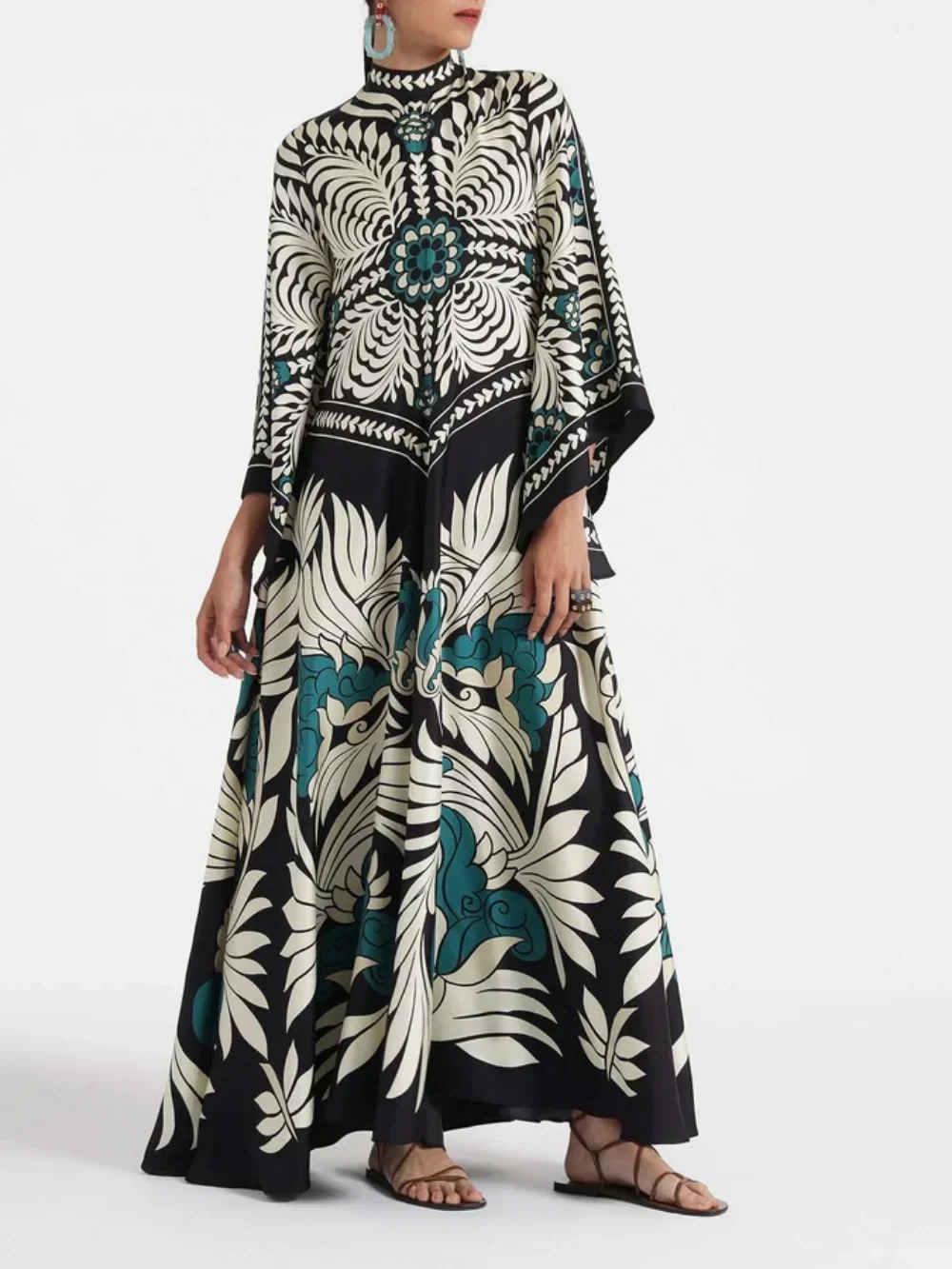 Elegance Floral Print Waterfall Sleeves Maxi Dress - Riviera London