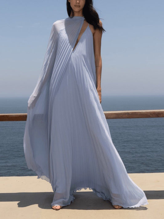Elegant V-neck Pleated Flowy Maxi Dress - Riviera London