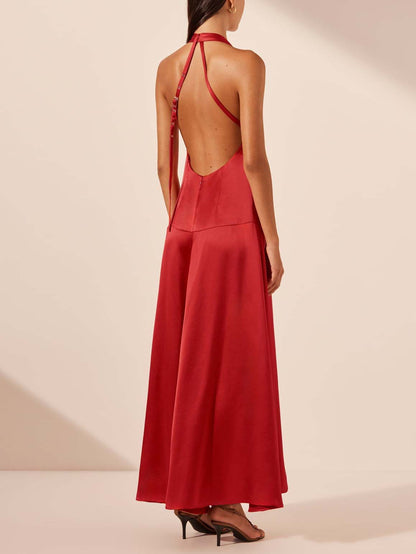 Elegant Deep V Neck Halter Maxi Dress - Riviera London