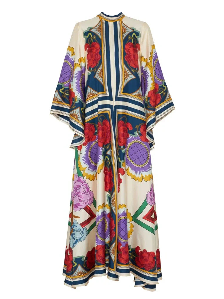 Exquisite Floral Print Draped Waterfall Sleeves Maxi Dress - Riviera London