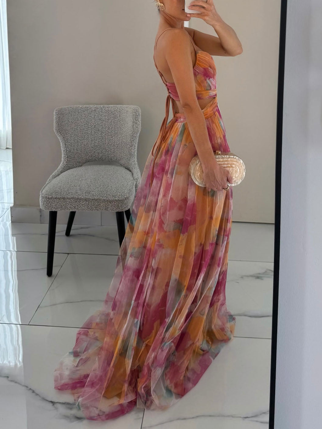 Elegant Painted Floral Print V-Neck A-Line Maxi Dress - Riviera London