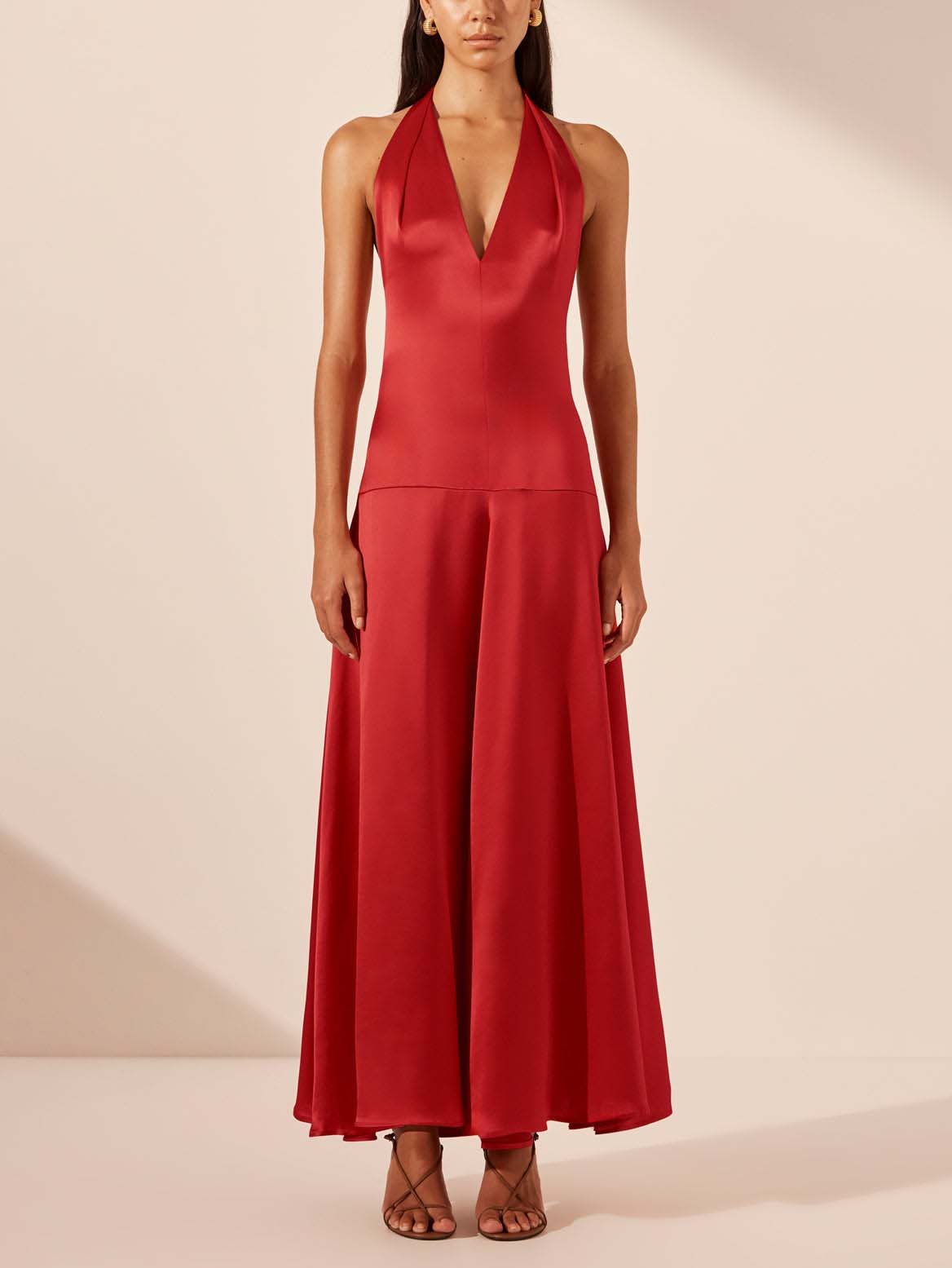Elegant Deep V Neck Halter Maxi Dress - Riviera London