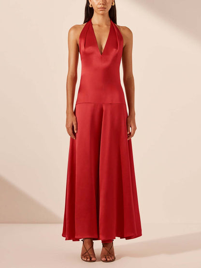Elegant Deep V Neck Halter Maxi Dress - Riviera London