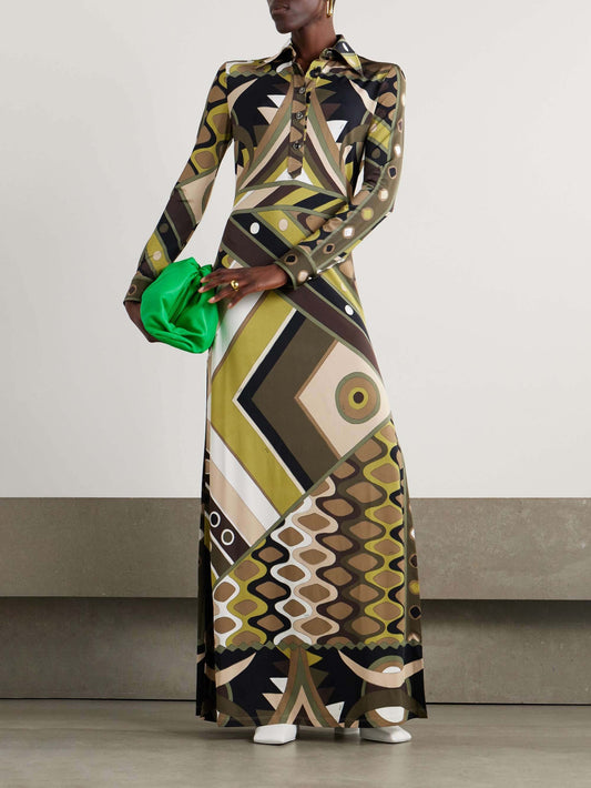 Retro Personality Abstract Print Long Sleeve Maxi Dress - Riviera London
