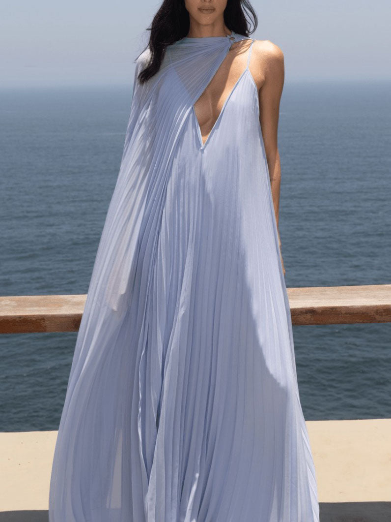 Elegant V-neck Pleated Flowy Maxi Dress - Riviera London