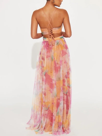 Elegant Painted Floral Print V-Neck A-Line Maxi Dress - Riviera London