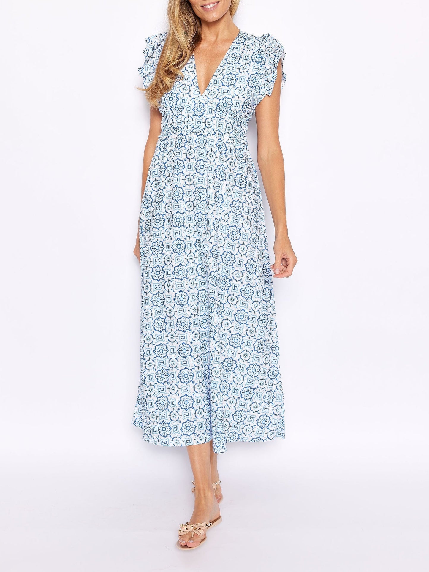 Blue Medallion V-Neck Flutter Sleeve Maxi Dress - Riviera London