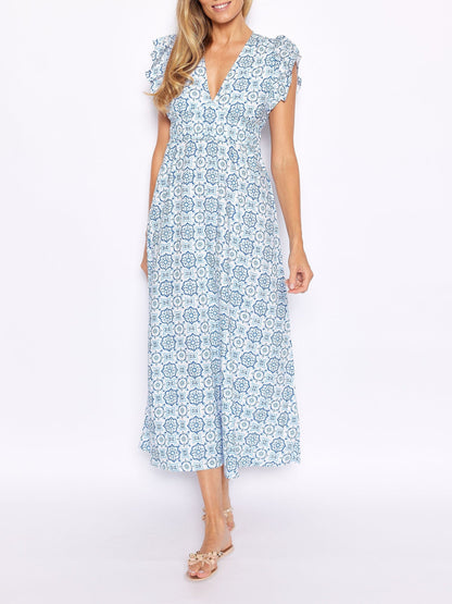 Blue Medallion V-Neck Flutter Sleeve Maxi Dress - Riviera London