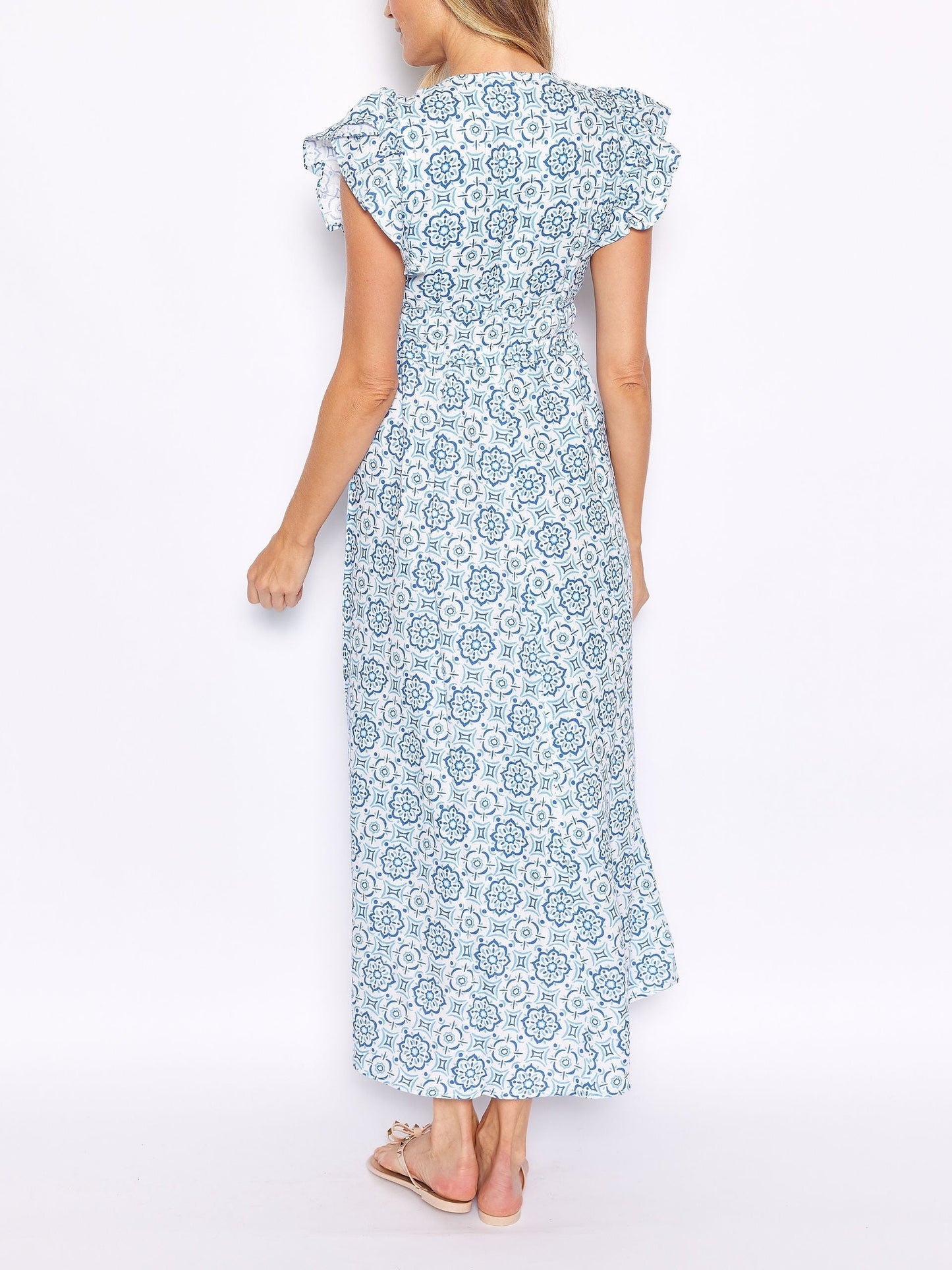 Blue Medallion V-Neck Flutter Sleeve Maxi Dress - Riviera London