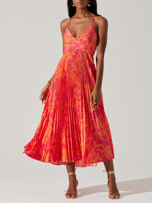 Elegant Floral Print Pleats Midi Dress - Riviera London