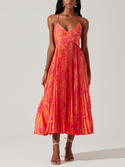 Elegant Floral Print Pleats Midi Dress - Riviera London