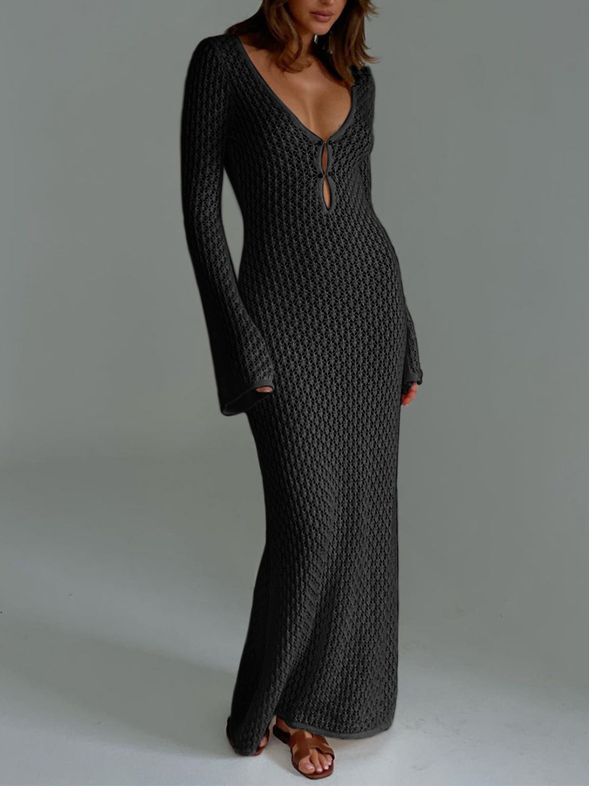 Cover Up Long Sleeve Open Back Long Dress - Riviera London