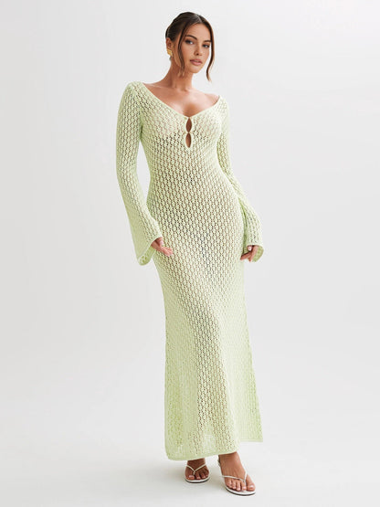Cover Up Long Sleeve Open Back Long Dress - Riviera London