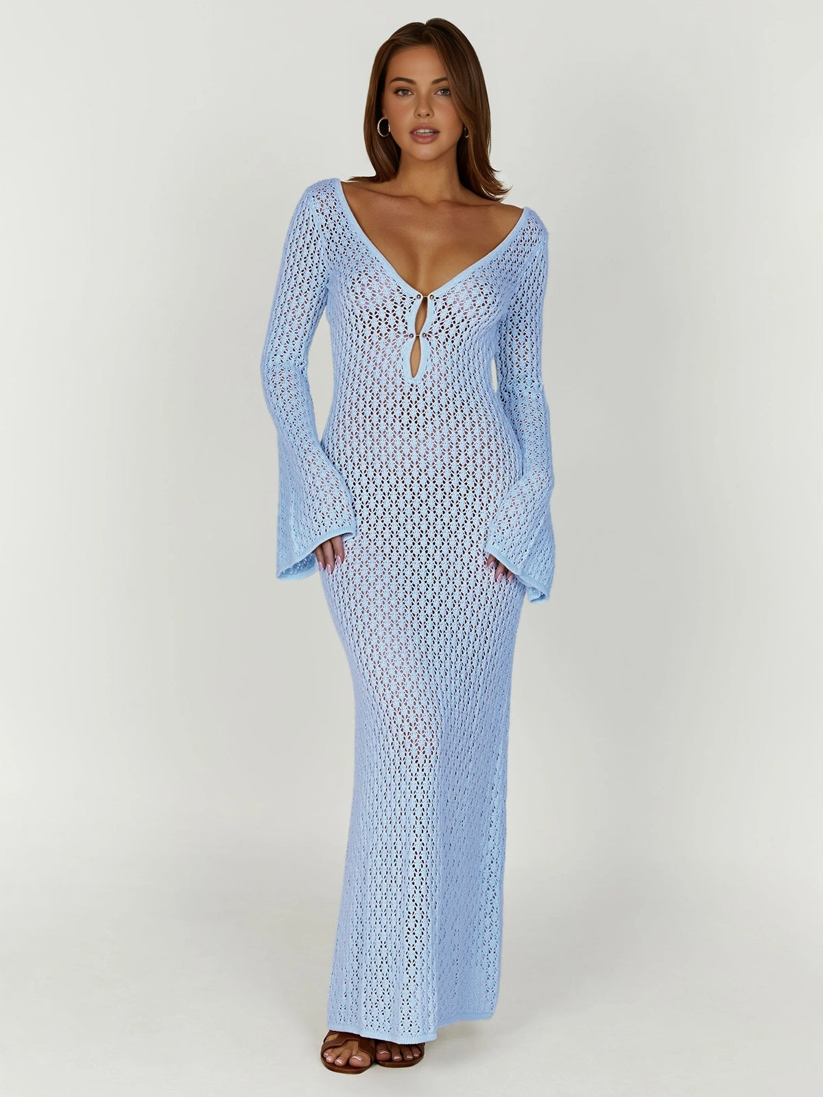 Cover Up Long Sleeve Open Back Long Dress - Riviera London