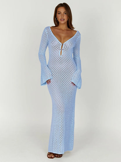 Cover Up Long Sleeve Open Back Long Dress - Riviera London
