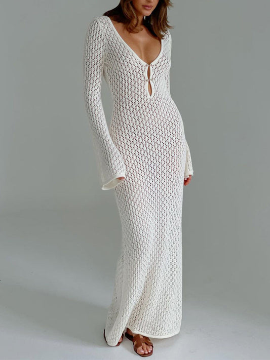 Cover Up Long Sleeve Open Back Long Dress - Riviera London
