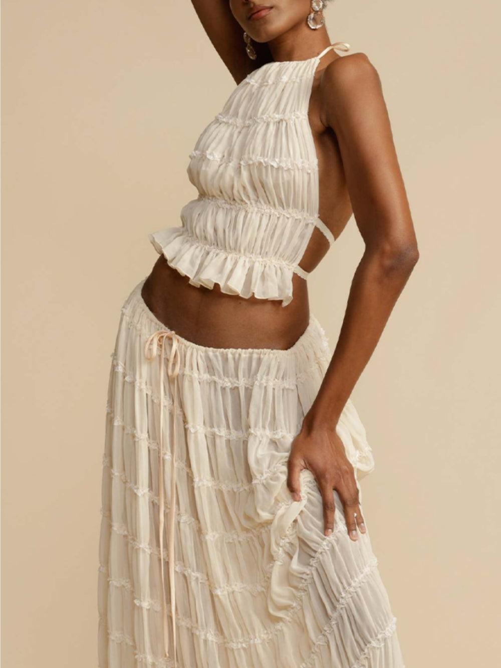 Pleated Drawstring Charm Waist Tiered Maxi Skirt - Riviera London