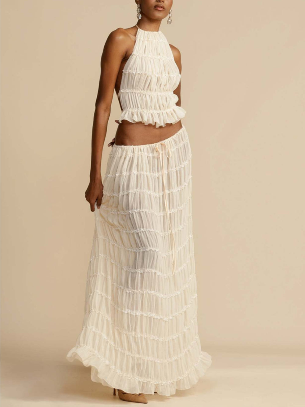 Pleated Drawstring Charm Waist Tiered Maxi Skirt - Riviera London